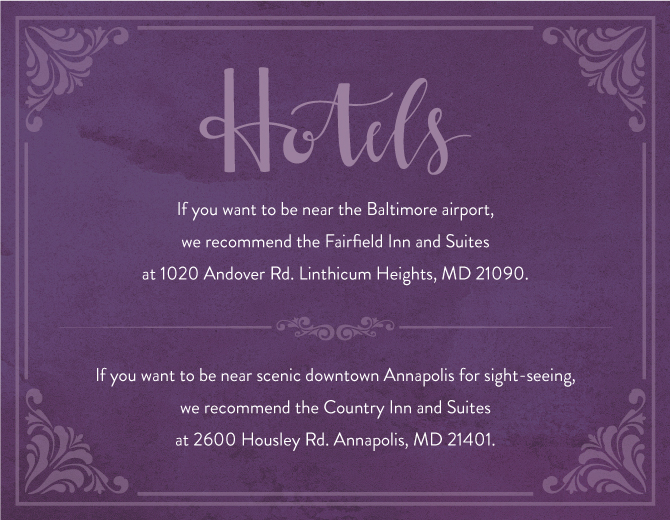 Custom wedding hotel information card with calligraphy by Kelly Chisum