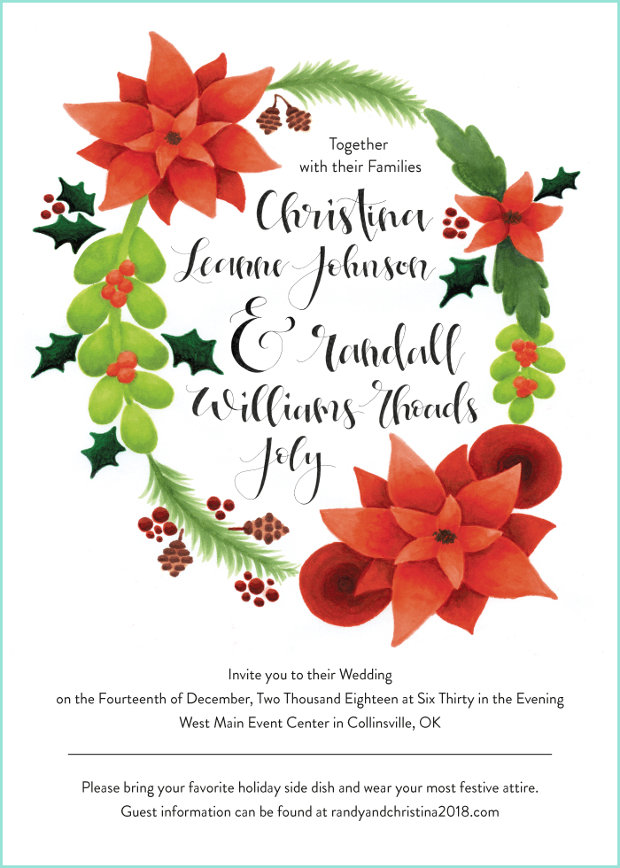 Christmas themed wedding invitation with hand lettering and watercolor floral design by Kelly Chisum