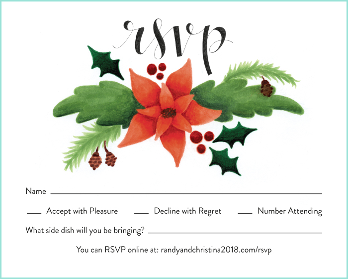Christmas themed wedding rsvp card with hand lettering and watercolor floral design by Kelly Chisum