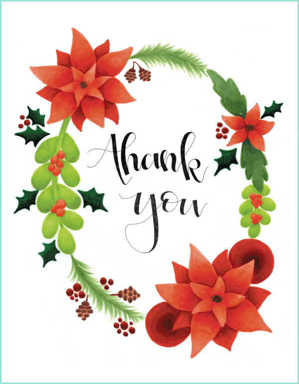 Christmas themed wedding thank you note with hand lettering and watercolor floral design by Kelly Chisum